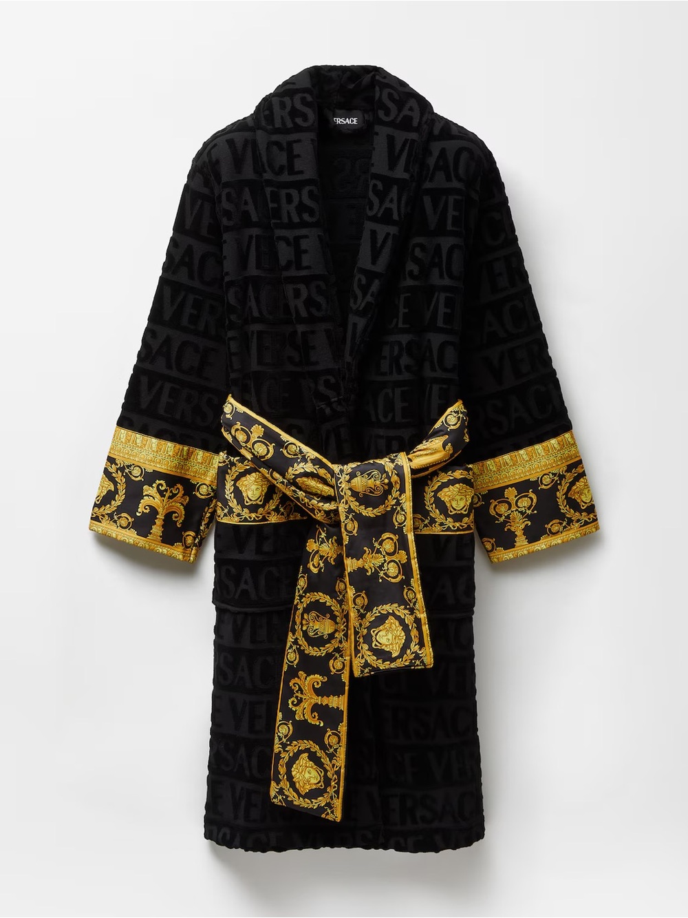 Versace Black and Gold Baroque Logo Velvet Robe
